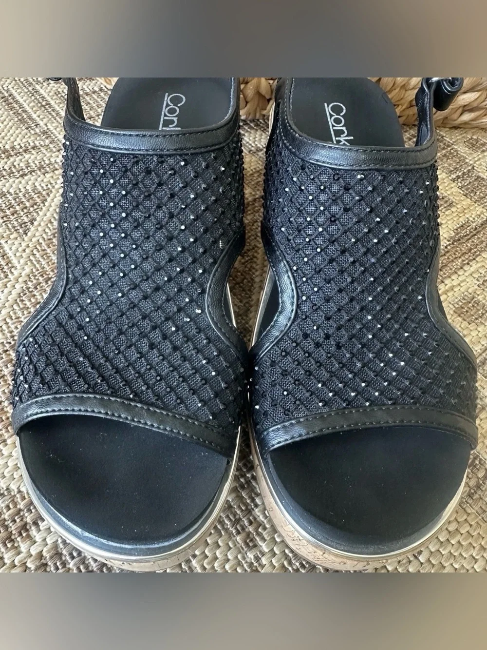 CORKYS Carley Black Sparkle Mesh Wedge Platform Sandals Sz 9 Hard to Find